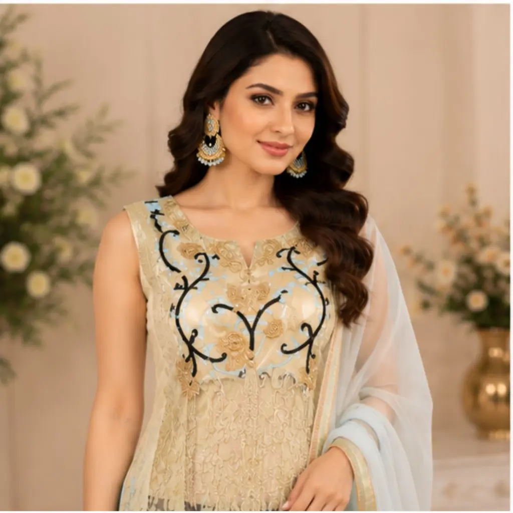 Step into elegance with this luxurious sky blue and gold embroidered palazzo suit set featuring intricate floral embroidery, a beautifully crafted kurta, matching palazzo pants, and a graceful org(1).webp