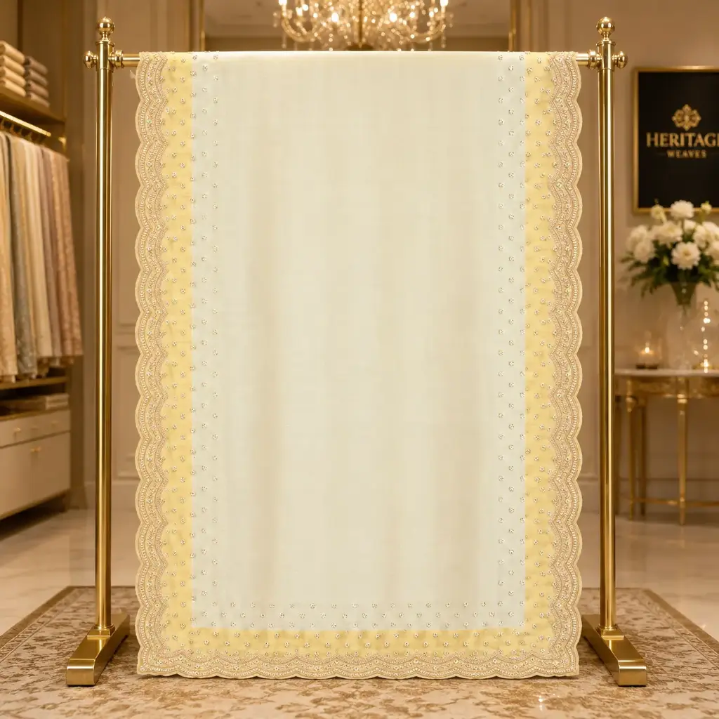 Womens Elegant Ivory Saree with Golden Sequin Work and Scalloped Embroidered Border