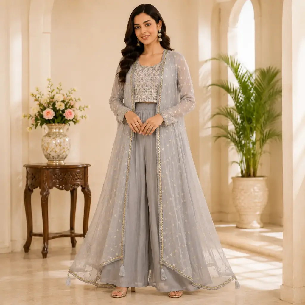 Women's Grey Embroidered Indo Western Co-Ord Set with Sheer Jacket