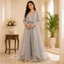 Women's Grey Embroidered Indo Western Co-Ord Set with Sheer Jacket