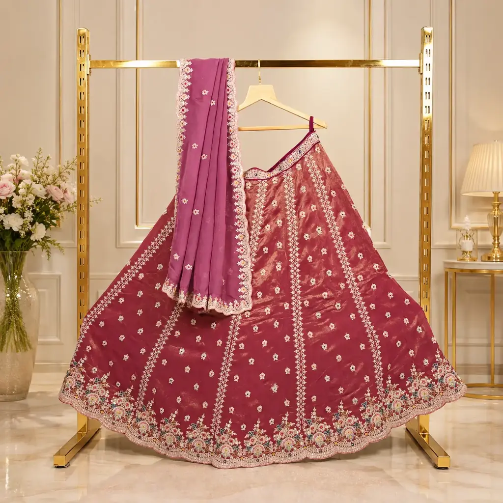 Women's Dusty Mauve Lehenga Choli with Floral Embroidery and Matching Dupatta