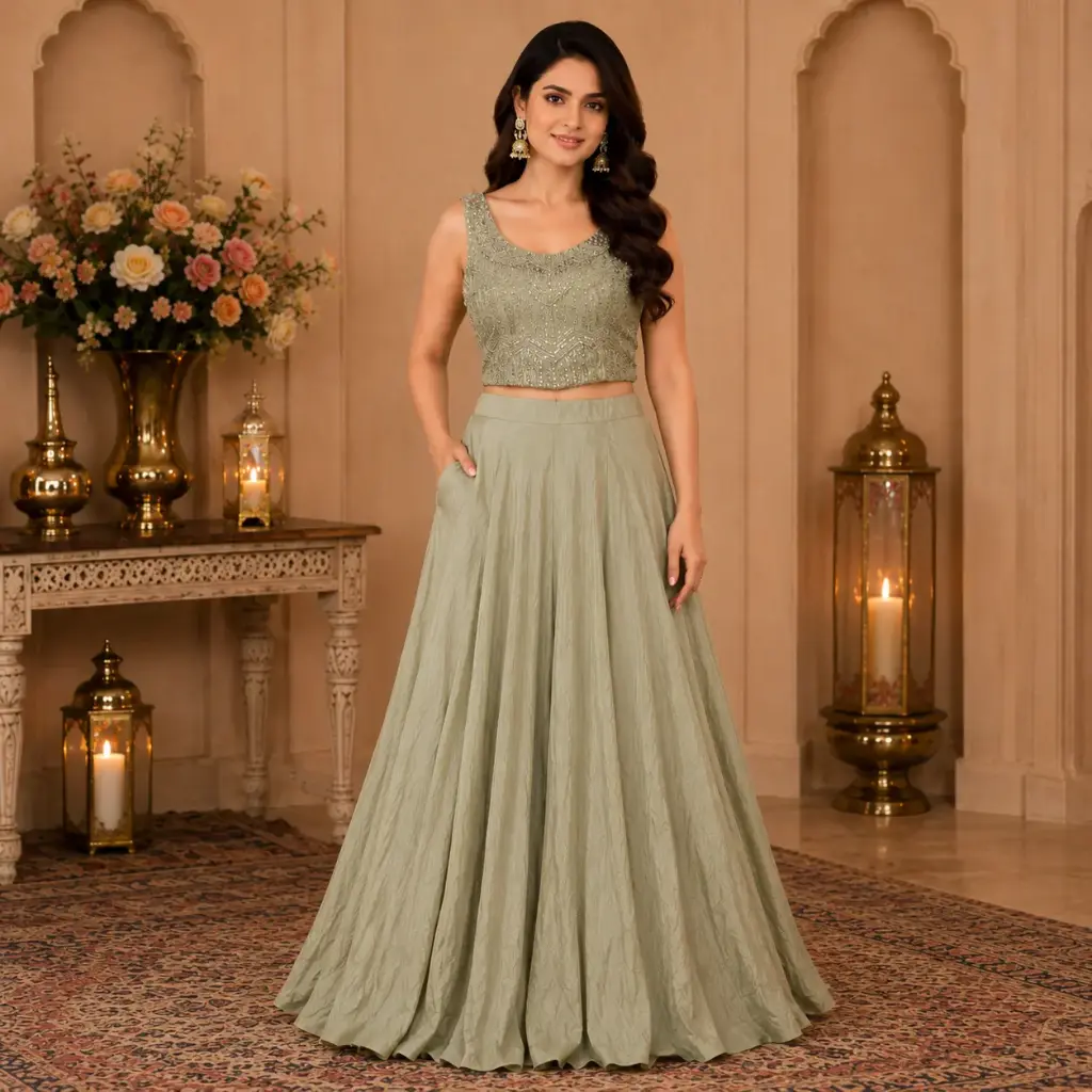 Women's Sage Green Embellished Lehenga Choli Set with Sequins Work Crop Top 