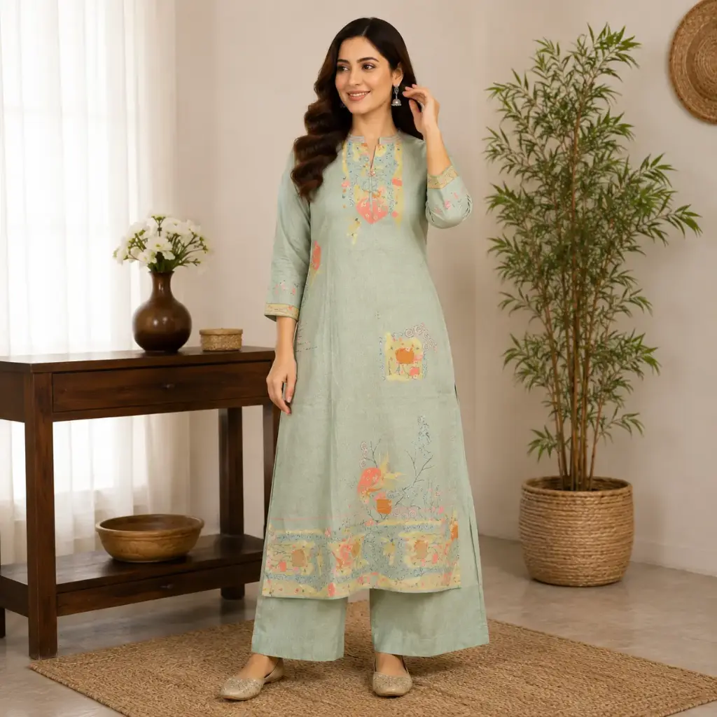 Women's Sage Green Printed Kurta with Pant Set | Elegant Straight Fit Ethnic Wear