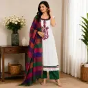 Women's White Embroidered Kurta Set with Green Palazzo & Multicolor Dupatta
