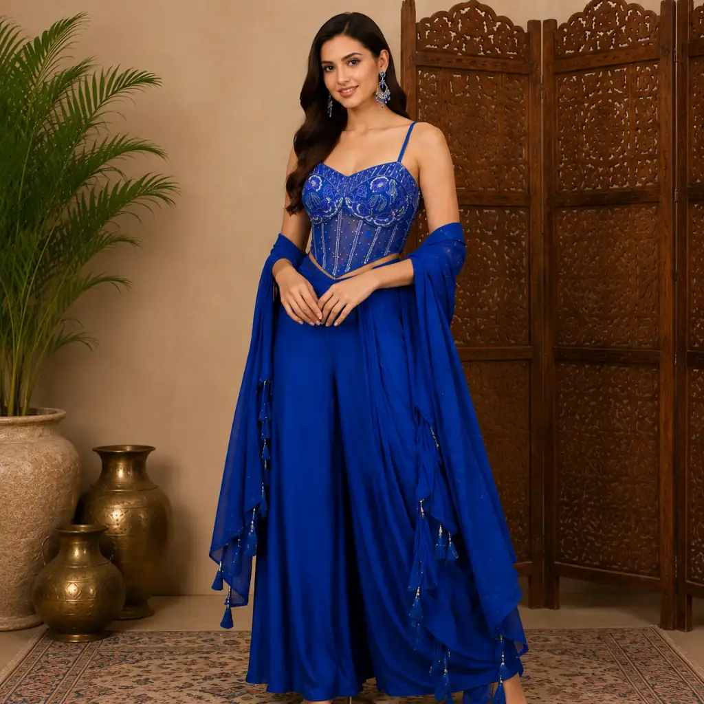 Women's Royal Blue Embroidered Crop Top Sharara Set with Dupatta