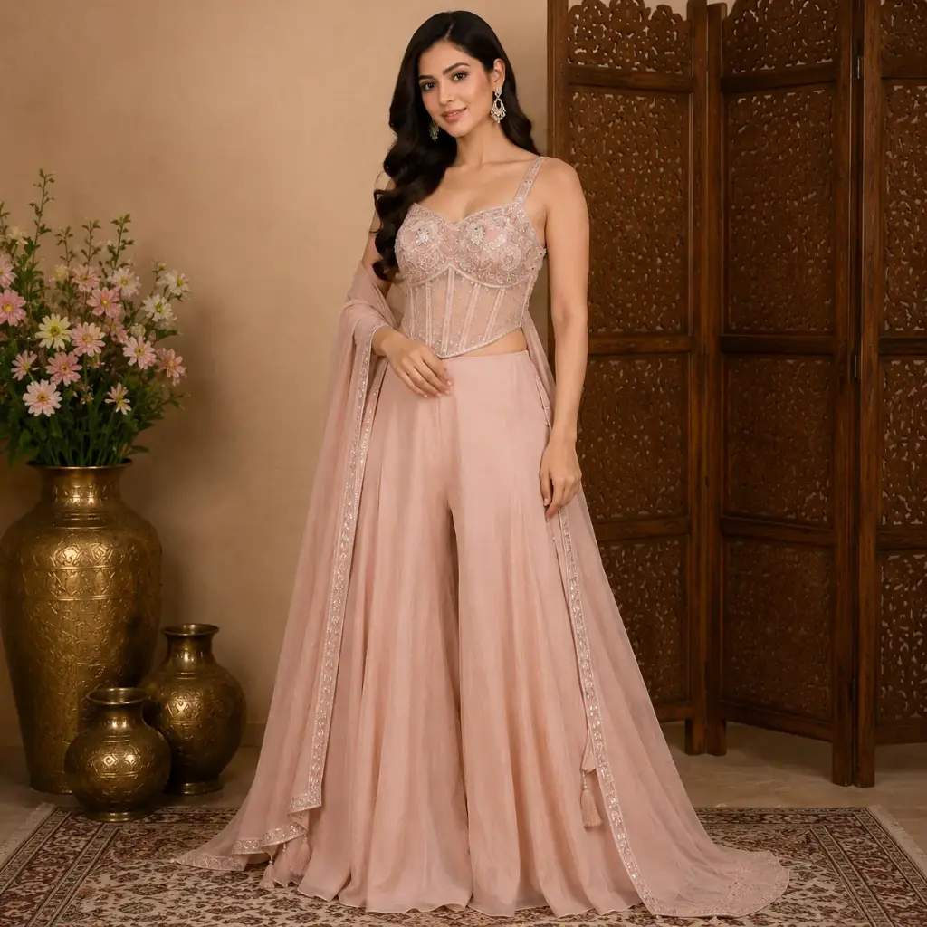 Women's Blush Peach Embroidered Crop Top Sharara Set with Dupatta
