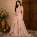 Women's Blush Peach Embroidered Crop Top Sharara Set with Dupatta