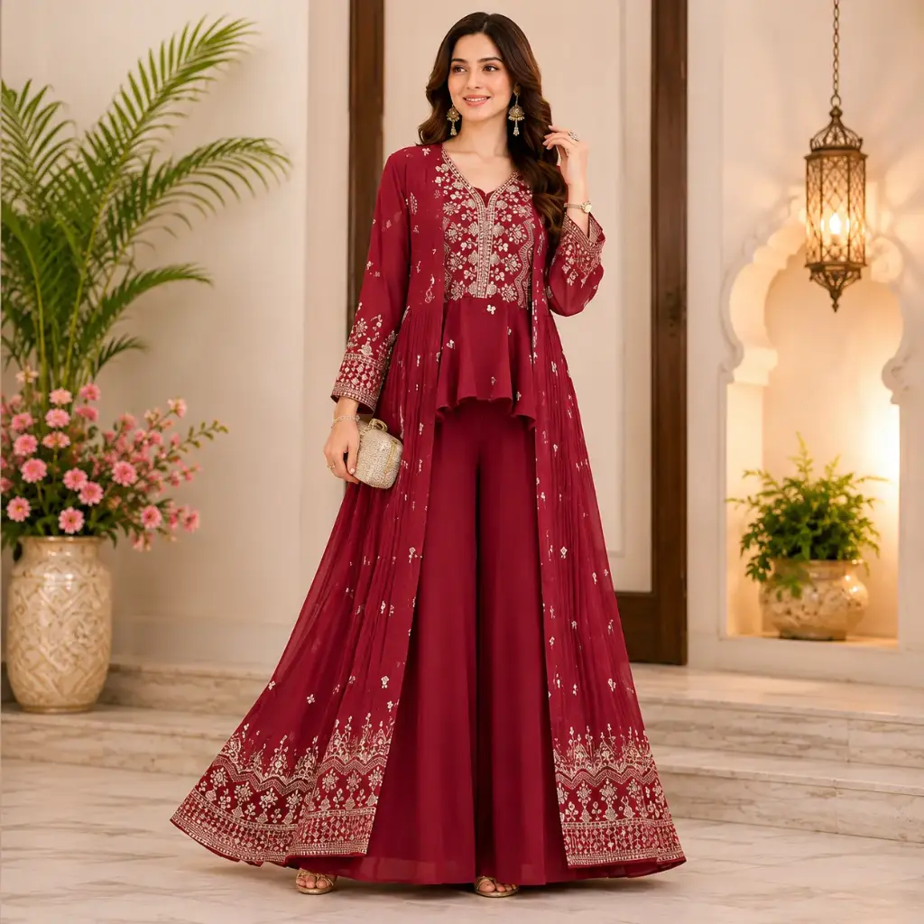 Women's Maroon Embroidered Shrug Style Plazo Set with Dupatta