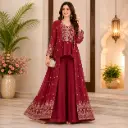 Women's Maroon Embroidered Shrug Style Plazo Set with Dupatta