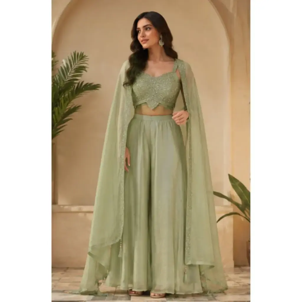 Women's Sage Green Indo Western Palazzo Set with Embroidered Crop Top