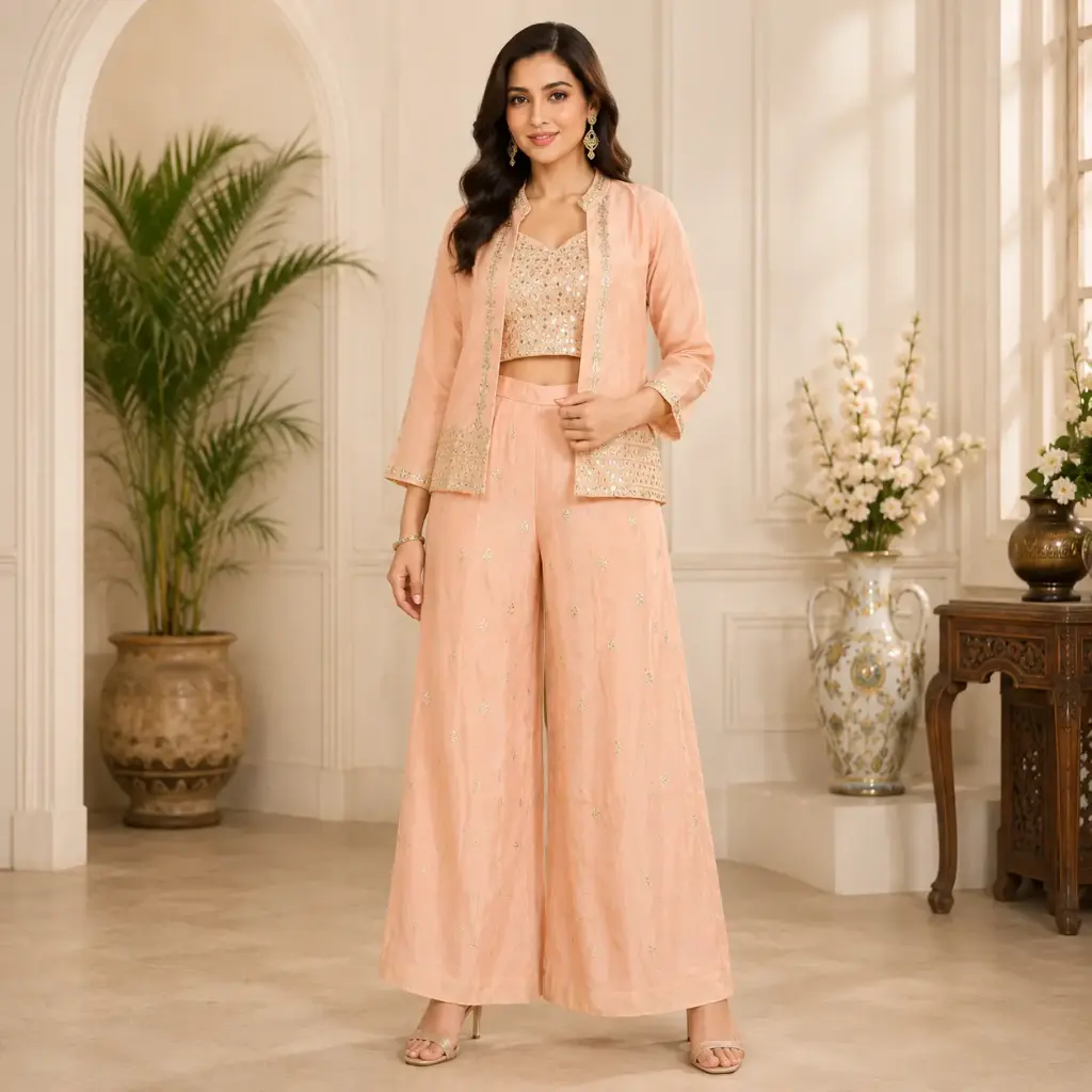 Women's Peach Embroidered Indo Western Co-Ord Set with Jacket, Crop Top & Palazzo Pants