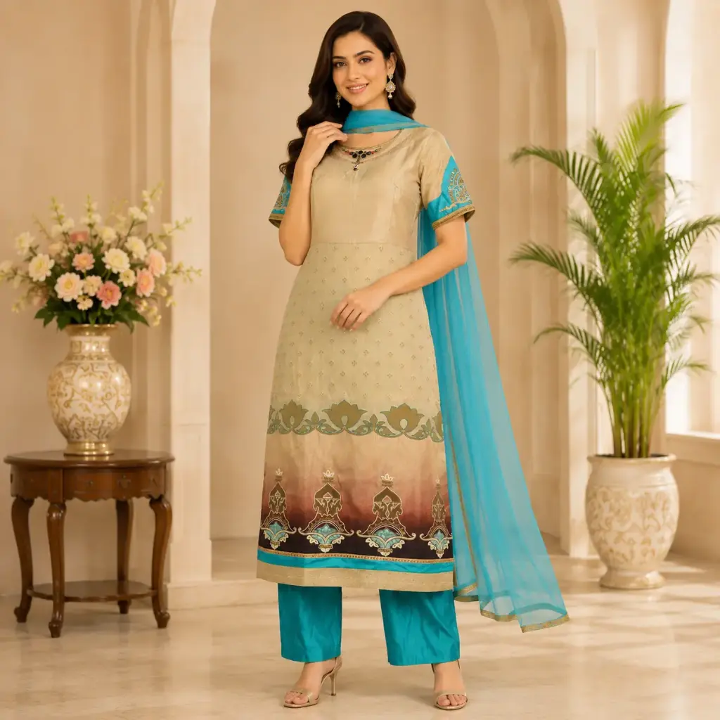 Women's Beige & Turquoise Embroidered Straight Kurta Set with Dupatta