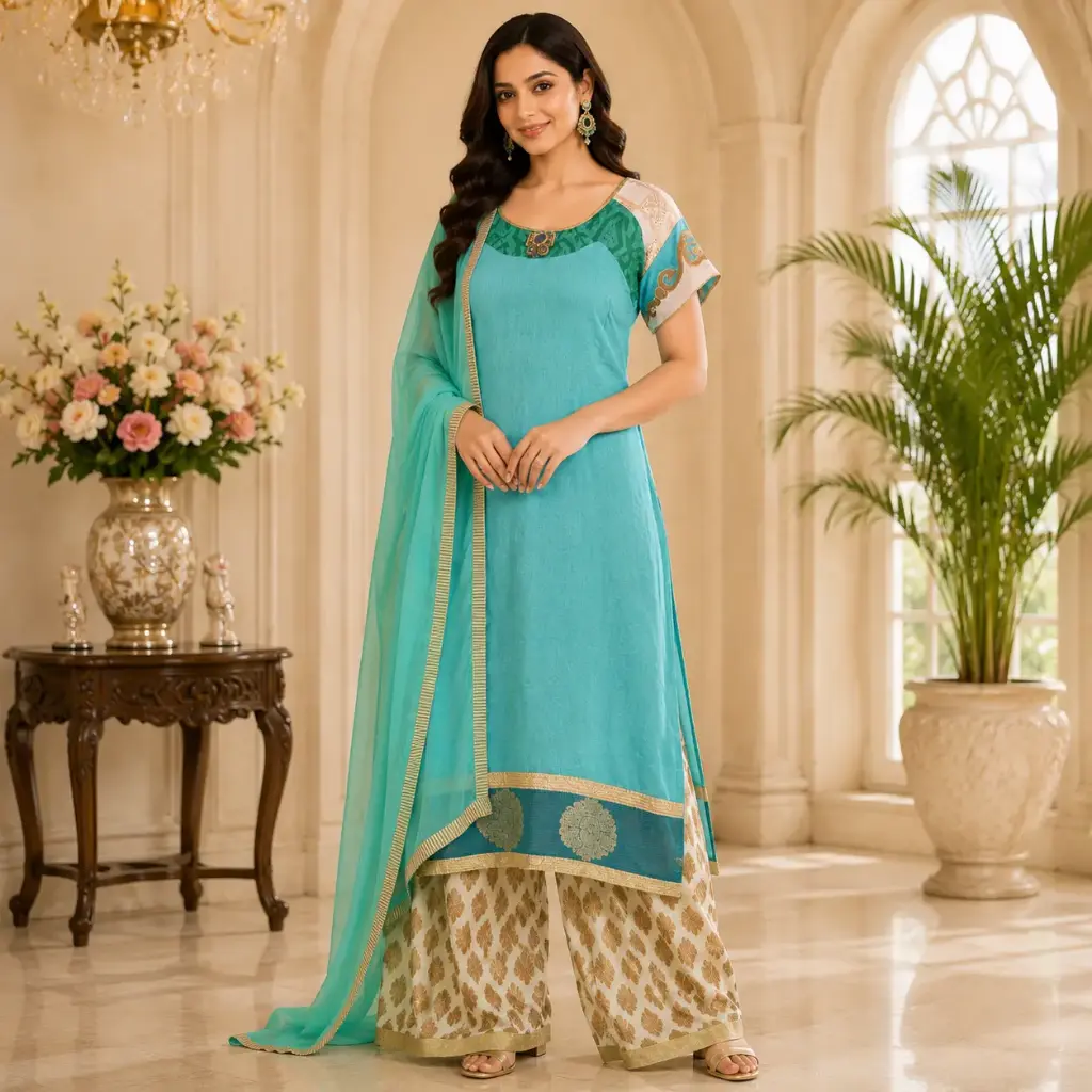 Women's Turquoise Blue Straight Kurta Set with Dupatta & Printed Palazzo