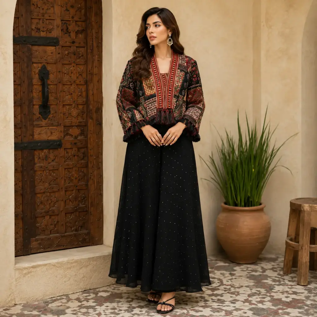 Women's Boho Embroidered Jacket with Black Palazzo Set