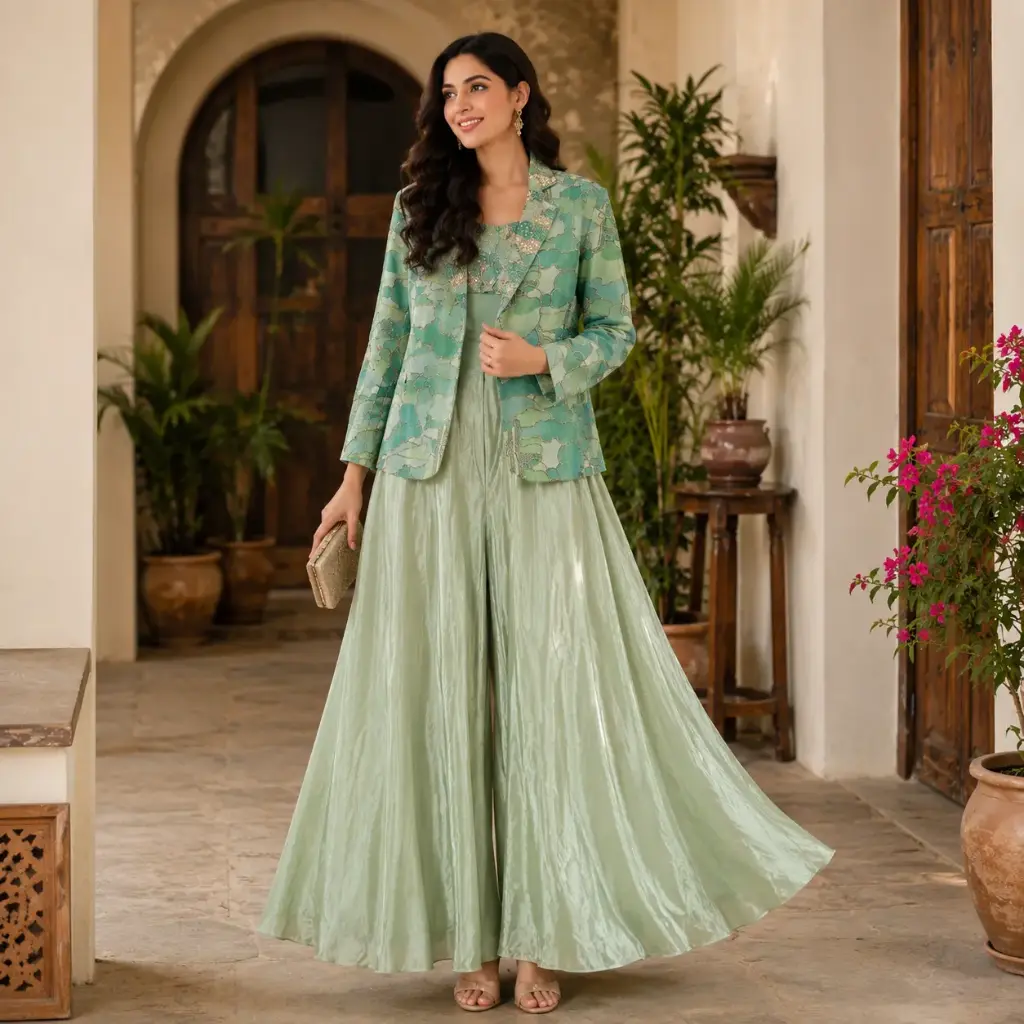 Mint Green Designer Indo Western Palazzo Set for Women with Embroidered Jacket