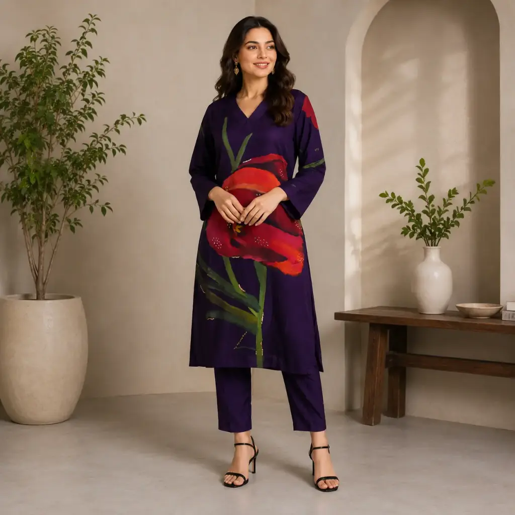 Women's Floral Printed Kurti Pant Set | Elegant V-Neck Ethnic Wear with Full Sleeves