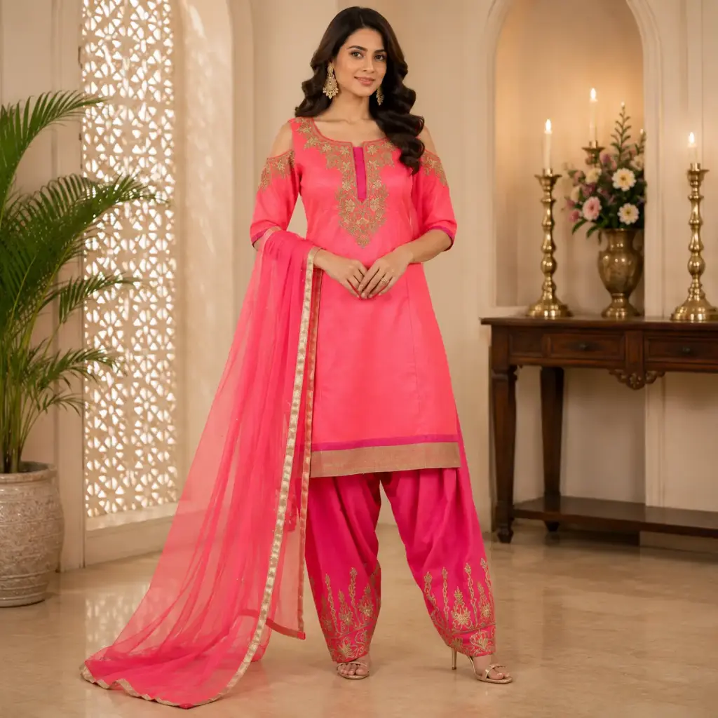 Coral Pink Cold Shoulder Patiala Suit Set