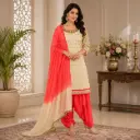 Cream Embroidered Kurta Patiala Set with Coral Ombre Dupatta