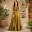 Women's Olive Green Embroidered Gown | Elegant Sleeveless Anarkali Style Maxi Dress