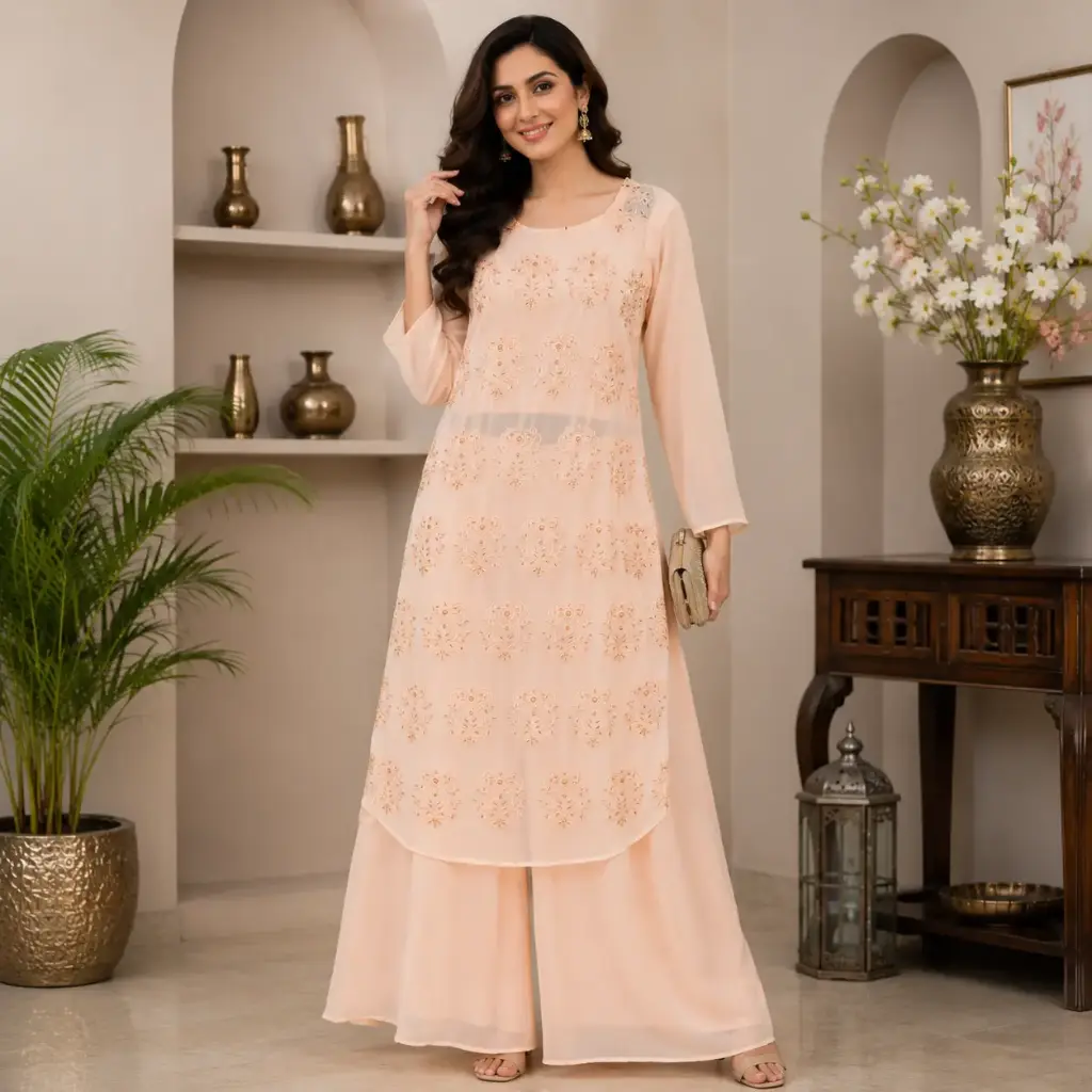 Peach Embroidered Kurta Palazzo Set for Women with Elegant Floral Thread Work