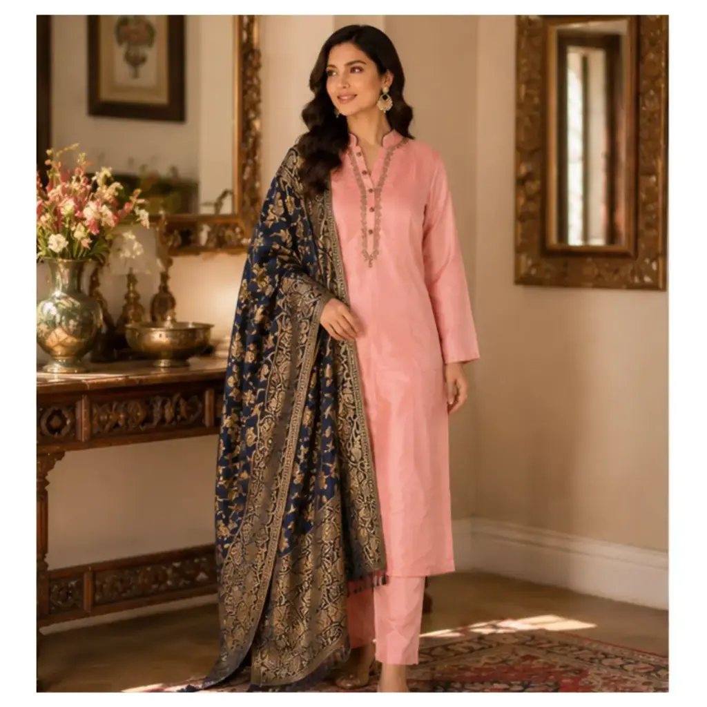 Women's Peach Silk Kurta Pant Set with Navy Blue Banarasi Dupatta