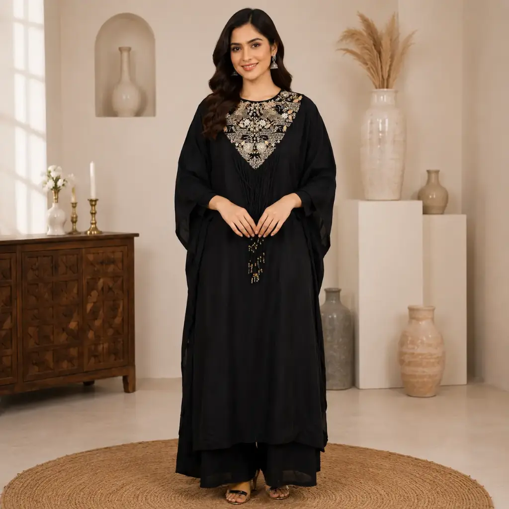 Women's Black Embroidered Kaftan Dress with Golden Neck Work, Elegant Ethnic Maxi Gown