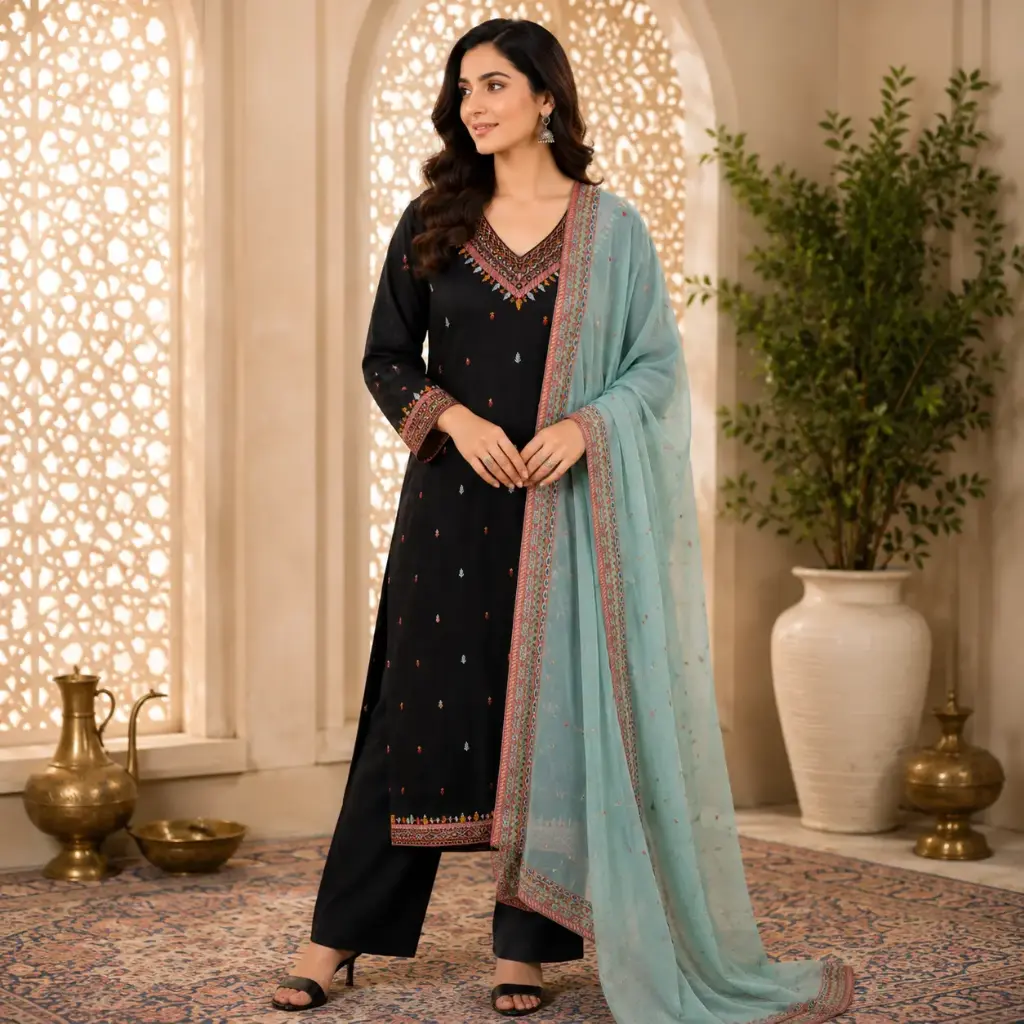 Women's Black Embroidered Kurta Pant Set with Mint Green Dupatta