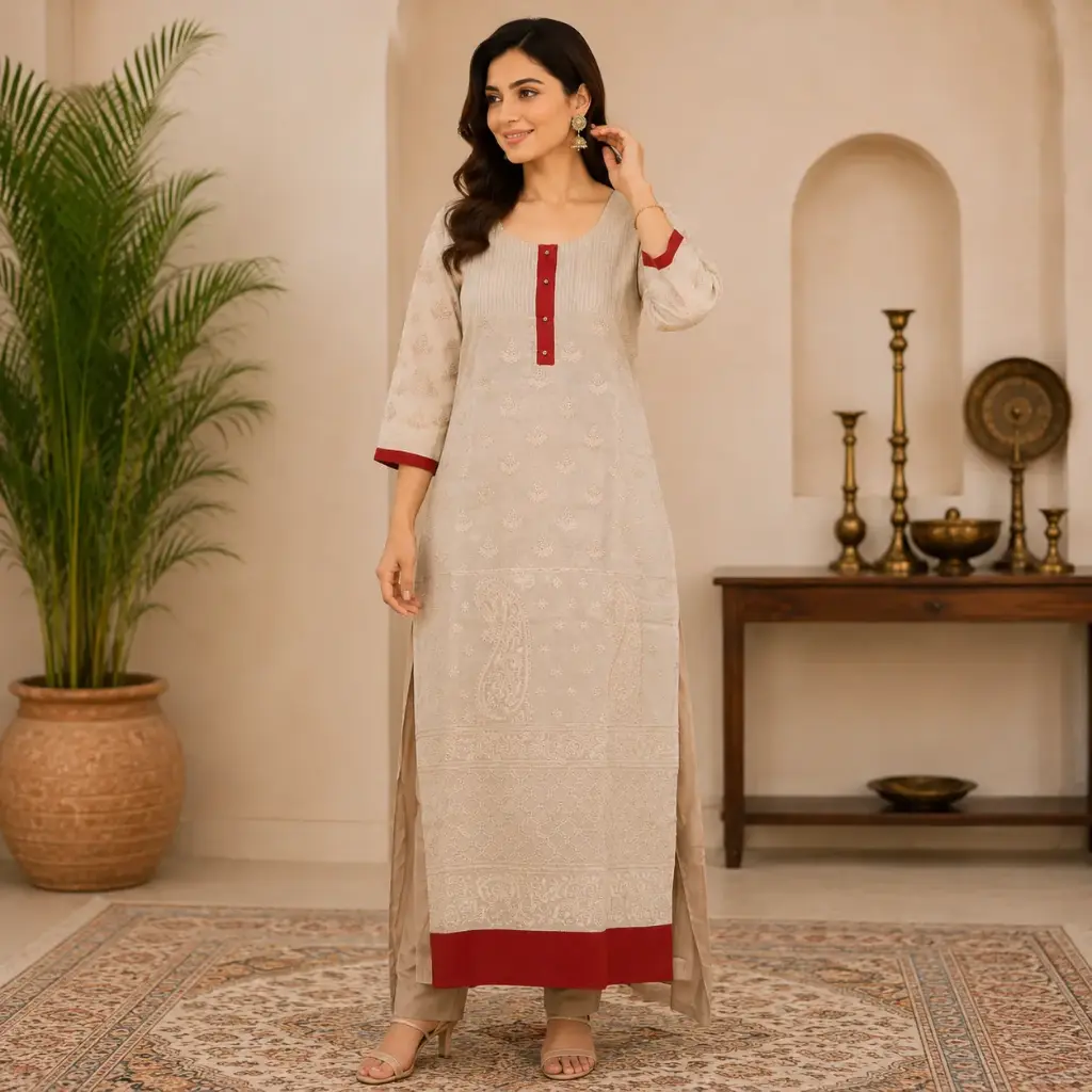 Women's Beige Embroidered Straight Kurta with Red Accent Placket
