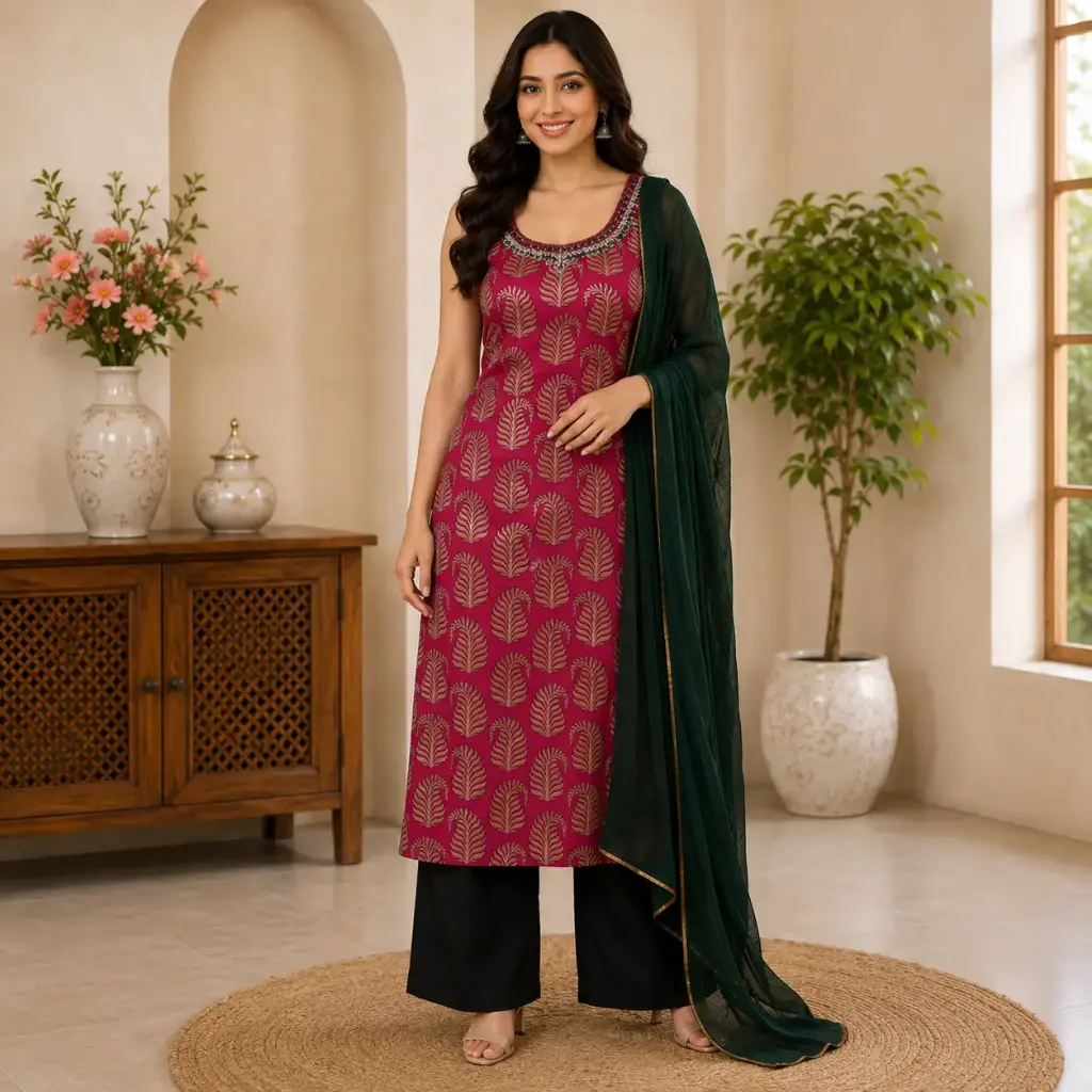 Women's Magenta Printed Kurta Pant Set with Dark Green Dupatta, Designer Ethnic Suit for Festive