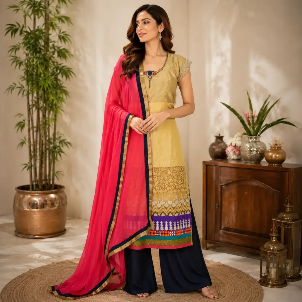 Women's Gold Straight Kurta with Pink Dupatta & Palazzo Set