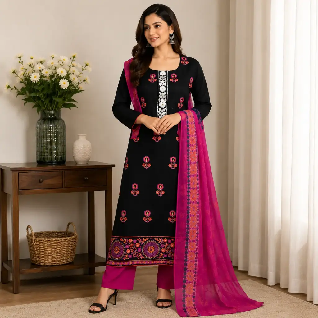 Black Embroidered Kurta Set with Magenta Dupatta & Matching Palazzo Pants