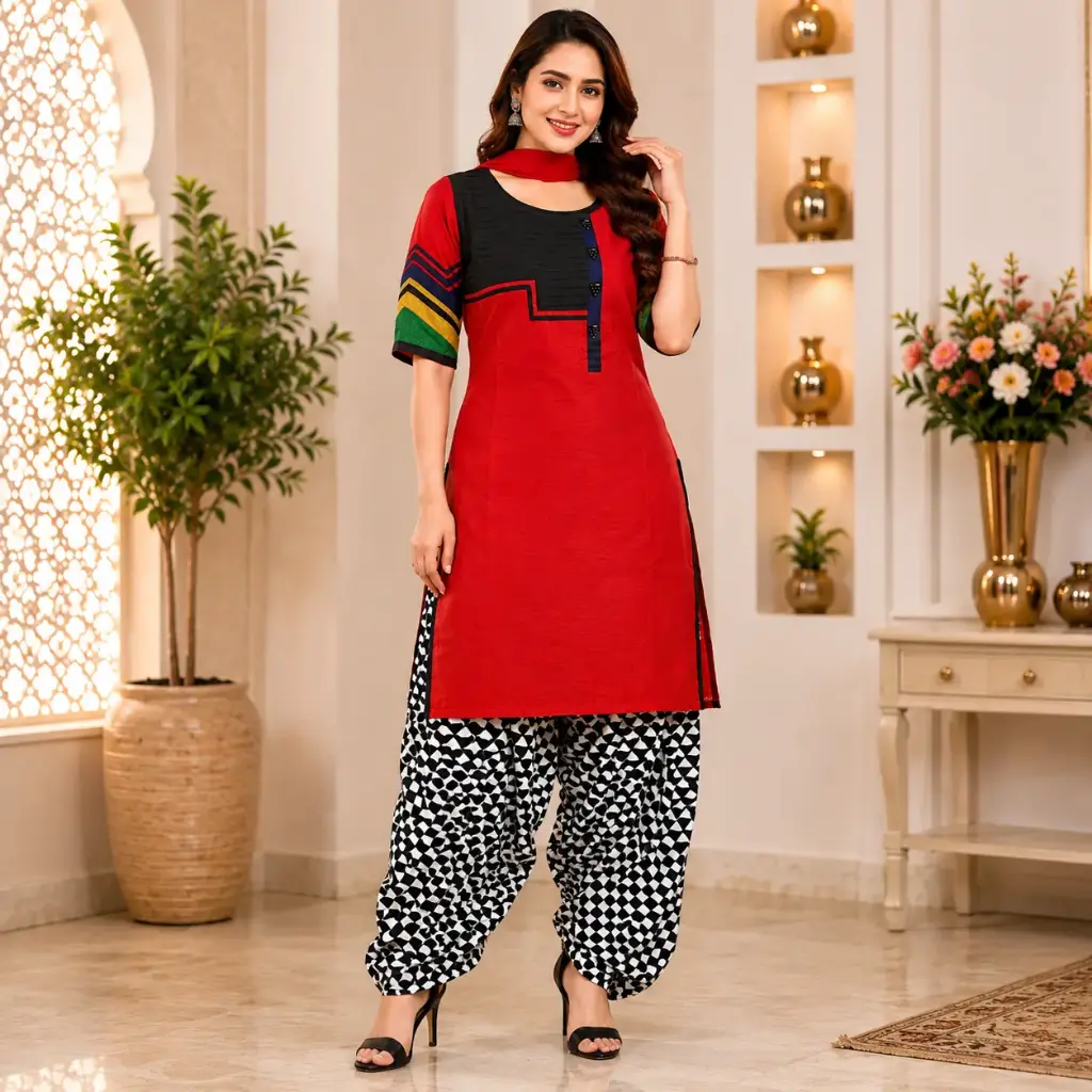 Women's Red & Black Designer Kurti with Printed Dhoti Pant Set