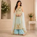 Women’s Sky Blue & Gold Embroidered Palazzo Suit Set with Organza Dupatta