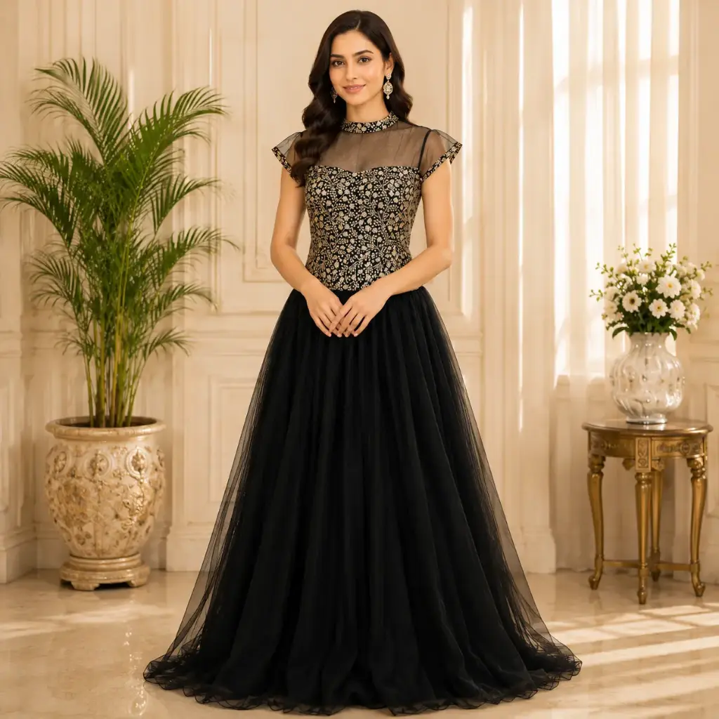 Women's Black Embroidered Evening Gown with Net Yoke, Designer Party Wear Maxi Dress