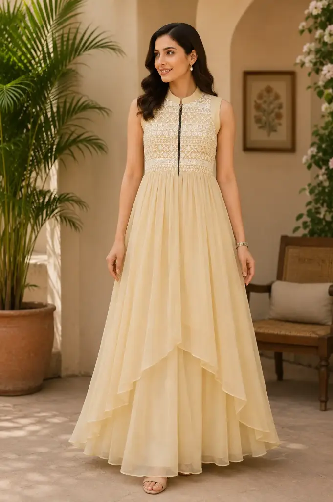 Women's Beige Embroidered High-Low Kurti | Sleeveless Designer Ethnic Top with Mandarin Collar