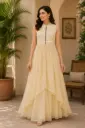 Women's Beige Embroidered High-Low Kurti | Sleeveless Designer Ethnic Top with Mandarin Collar