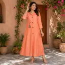 Women's Peach A-Line Long Kurti with Mandarin Collar, Button Front & Pocket Patch Work