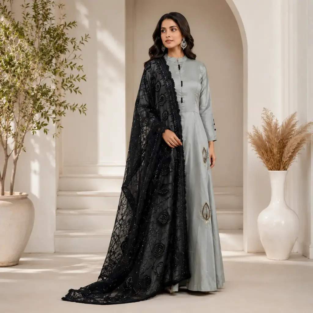 Elegant Grey Satin Anarkali Gown with Black Embroidered Net Dupatta