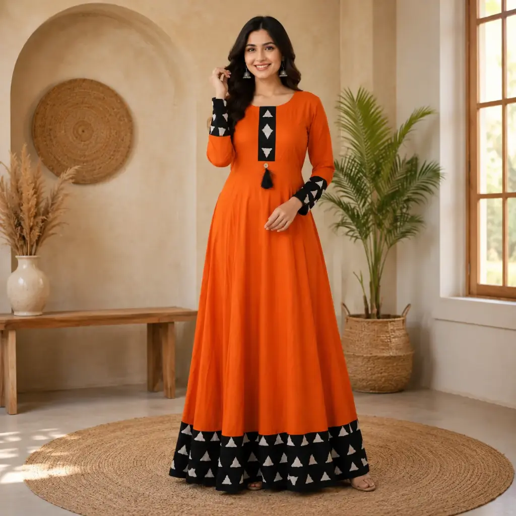 Women's Orange Anarkali Gown with Black Geometric Print Border, Designer Ethnic Maxi Dress