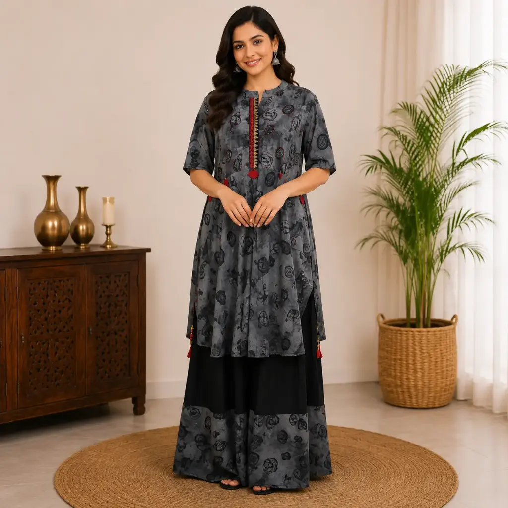 Women's Grey Printed Kurti Palazzo Set with Stylish Red Tassel Detail, Flared Designer Kurta