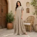 Women's Beige Flared Maxi Dress with Mandarin Collar and Designer Sleeves