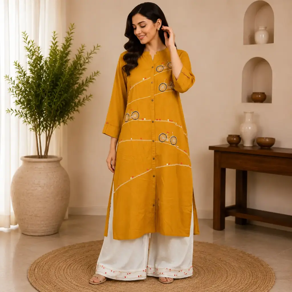 Mustard Yellow Embroidered Kurta with White Palazzo Set for Women