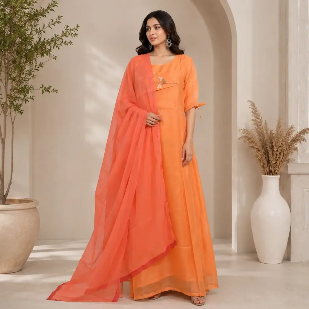Peach Orange Embroidered Anarkali Gown Set with Soft Organza Dupatta