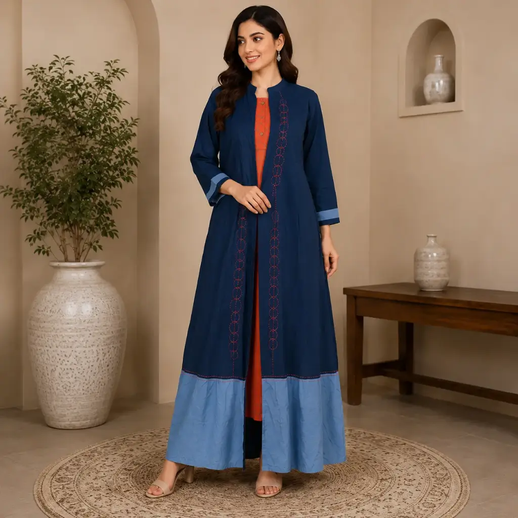 Women's Navy Blue Layered Kurta Dress | Designer Ethnic Long Kurti with Inner Dress