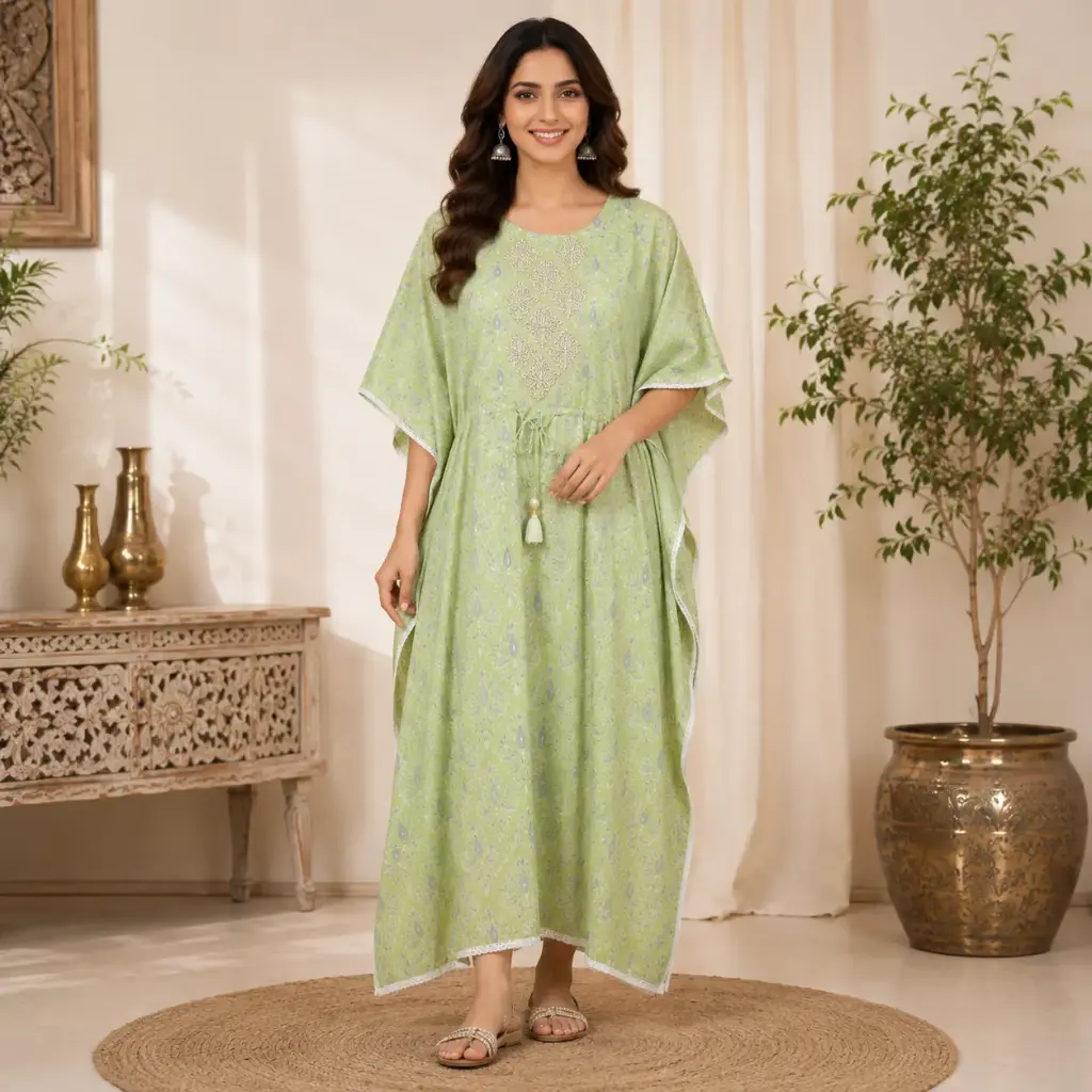 Women's Light Green Printed Kaftan Dress with Embroidered Yoke