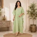 Women's Light Green Printed Kaftan Dress with Embroidered Yoke