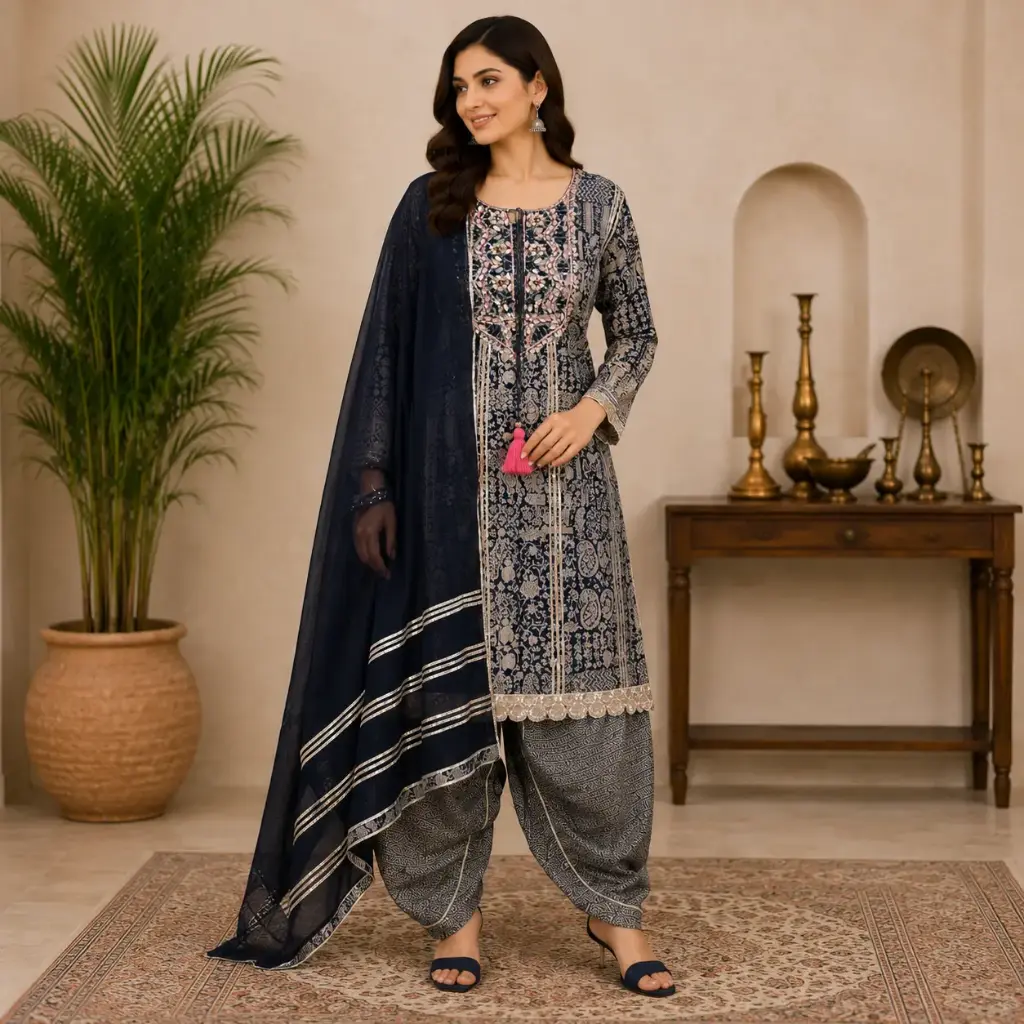 Women's Navy Blue Printed Kurta Salwar Set with Dupatta | Embroidered Ethnic Suit