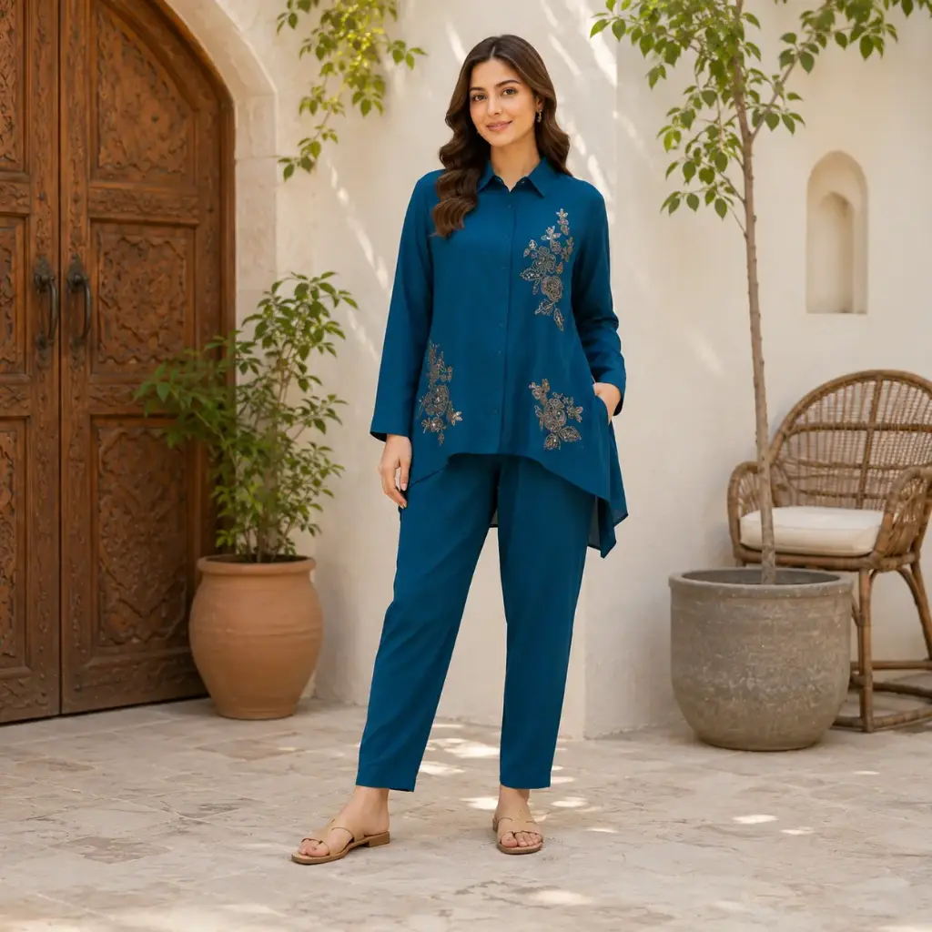 Women's Teal Embroidered Up & Down Kurti with Simple Pant Co-Ord Set