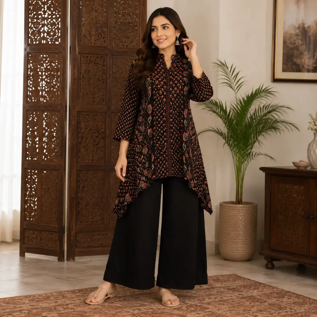 Women's Black Floral Printed Kurta with Palazzo Set | Elegant A-Line Ethnic Co-Ord Outfit