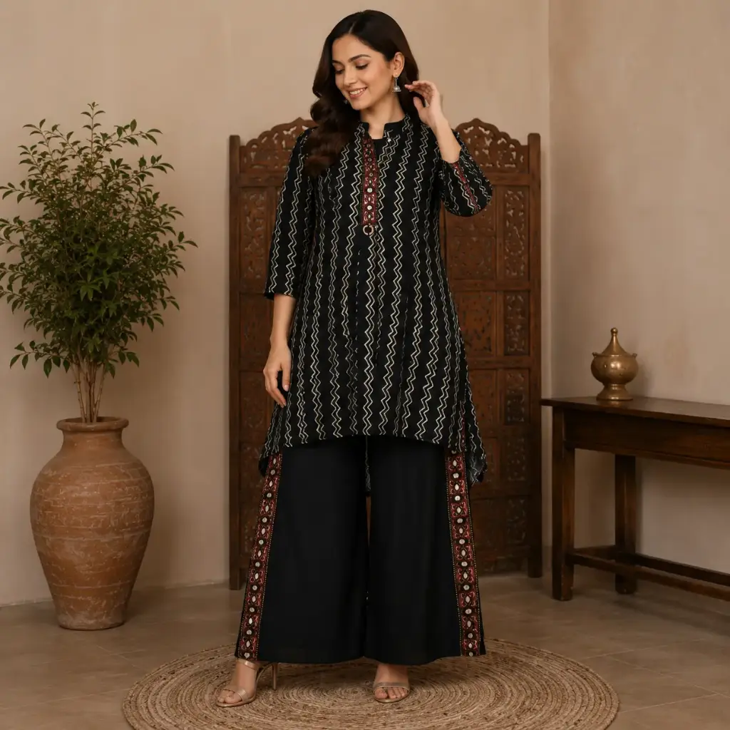 Women's Black Printed Kurta Palazzo Set | Elegant Ethnic Co-Ord Outfit